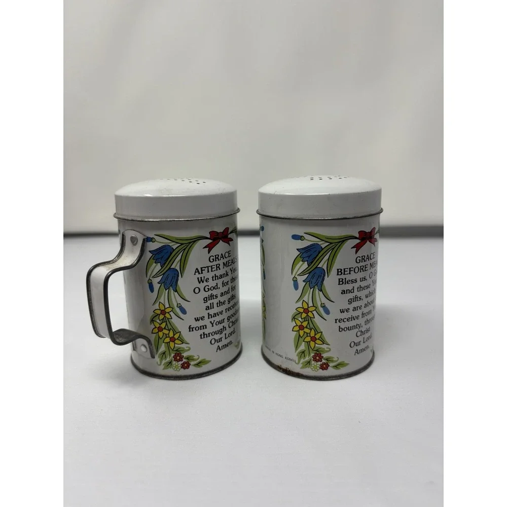 Vintage Tin Salt & Pepper Shakers Grace Before & After Meal Prayers 1950 MCM